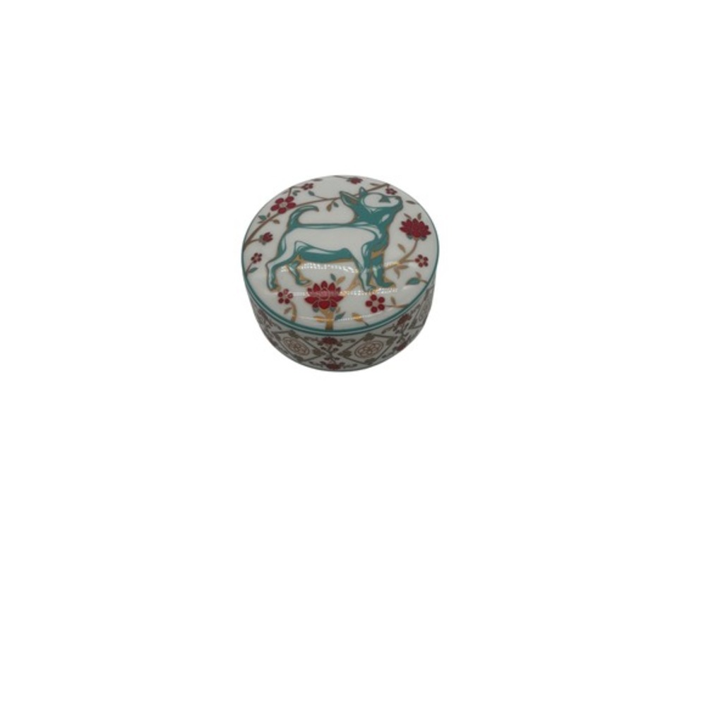 Tiffany & Co.‎ Trinket Box Dog Zodiac Round Porcelain Floral Design Decor